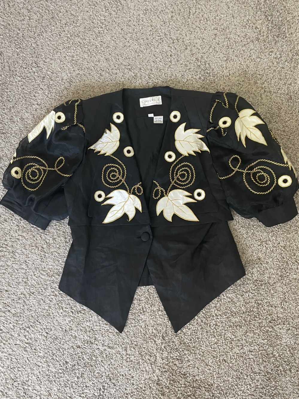 Rare Vintage Black Embroidered Linen Puff-Sleeve Jacket
